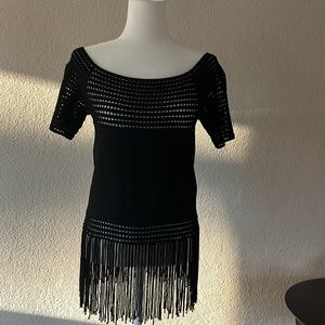 Joana Baraschi knit top black size S.  Open weave on top with fringe on bottom.